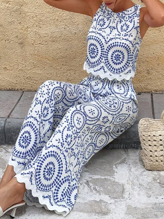 Tops - Blue Boho Women's Allover Print Casual Sleeveless Top & Loose Wide Leg Pants